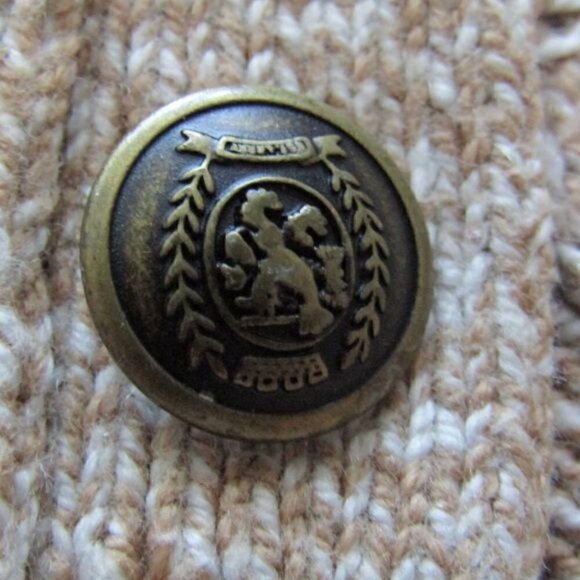 Chunky Cable Knit Heathered Beige Tan Button Fold Over Cowl Neck Sweater - Picture 4 of 9